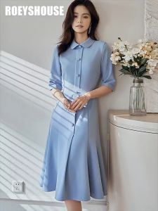 HOÀN TIỀN 15% - Đầm xanh nhạt trơn cổ sơ mi tay lửng