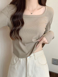 Áo Thun Nữ Cổ Vuông Dài Tay Ngắn Hở Xương Quai Xanh Mùa Thu Phong Cách Hàn Quốc Thường Ngày Giản Dị Hợp Thời Trang