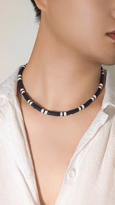 Punk Polymer Clay Short Choker Necklace for Men Trendy Black and White Chunky Collar Fashion Jewelry for Men and Women Handmade Mens Wooden Beaded Clay Necklace Fashion Vintage African White Beaded Beach Surfer Necklace for Men Tribal Jewelry