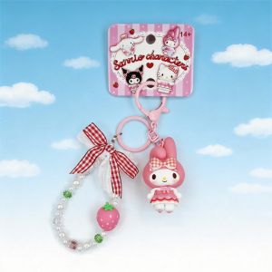 Officially Licensed Sanrio Strawberry Plaid Pendant Kuromi / My Melody / Cinnamoroll Cute Figure Keychain Small Gift