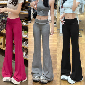 Womens Summer Slim Fit Micro Flare Leggings Yoga Casual Pants Elastic Waist Knitted Fabric Hand Ironed Pleats Stylish Wide Leg Trousers