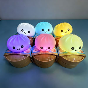Aesthetic LED Bun Night Light Soft Silicone Squishy Toy Glowing Food Ornament Sensory Stress Reliever Cute Gift for Kids & A