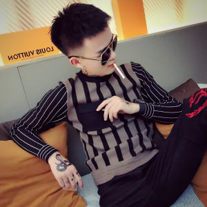 Sweater Mens Autumn Social Guy Mens False Two Pieces Trendy Slim Fit Knitted Sweater Teenagers Top Coat