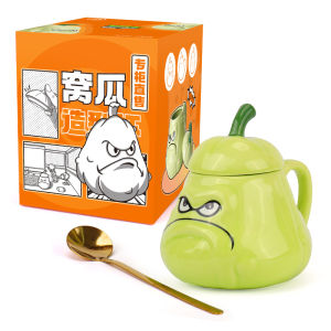 Creative Plant VS Zombie Themed Gourd Ceramic Mugs Water Cups with Lids Home Use Cute Style Cartoon Print 450ml Capacity