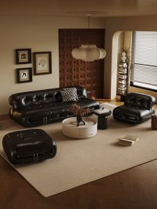 French Vintage Black Leather Sofa Living Room Small Size Combination with Coffee Table Sponge Filling Wood Structure Home Furniture