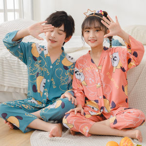 Summer Childrens Sleepwear Thin Long Sleeve Cotton Silk Home Clothes Set for Boys And Girls V-neck Breathable Moisture-wicking