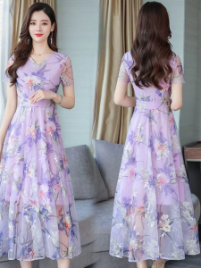 2024 New V-Neck Long Silk Chiffon Printed Dress Womens Fashion Slimming Korean Style Large Size Health Ring Summer Dress