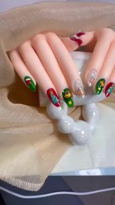 100% HANDMADE Artificial Nail Merry Christmas medium trapezoidal nails Santa Claus snowman elk nails Phototpy Fake Nail Patch Press on Nails Reusable With Free Glue