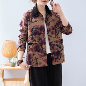 Casual Cotton Linen Jacket for Middle-Aged Women Printed Loose Fashionable Meat-Covering Casual Style Button-Up Shirt Top