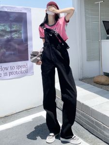 High Waist Denim Overalls Womens Summer Long Tall Size Loose Straight Leggings Jeans Overalls Deep Color