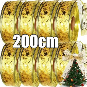 ริบบิ้นไฟคริสต์มาสแวววาวยาว200ซม. ริ้บบิ้นพิมพ์ลายโบว์สำหรับตกแต่งต้นคริสต์มาสแบบ DIY ช่อดอกไม้ของขวัญการตกแต่งงานปาร์ตี้ภายในบ้าน