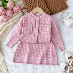 Bear Leader Baby Clothing Suits Fashion Houndstooth Girl Clothes Winter Long Sleeved Single Breasted Pocket Knit Top + Skirt 2-piece Sets
