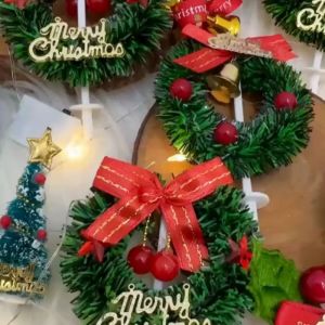 QSHL0561 Cake Topper Hiasan Kue Pita Daun Cherry Natal Merry Christmas