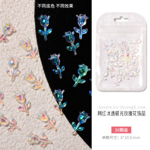 Nail Art Rose Flower Decorations Ice Transparent Aurora Color 3D Holographic Flower Accessories Fresh Light Therapy Nail Decorations Diamonds