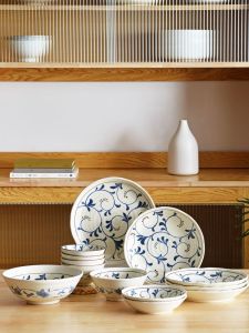 Japanese Style Ceramic Bowl Rice Bowl Noodle Bowl Underglaze Blue Dyed Retro Home Use Soup Bowl Dish Plate round Shape Dishware