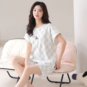 MiiOW | ชุดนอนผู้หญิงผ้าฝ้ายแท้แขนสั้นฤดูร้อน ชุดนอนแบบสวมหัวลายการ์ตูน ชุดนอนลำลองสำหรับใส่ไปกลางแจ้ง