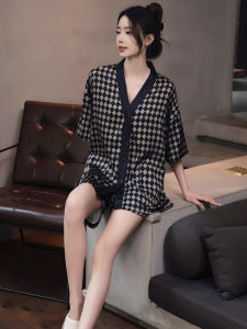 Elegant Silk Sleepwear Set Womens Summer Ice Silk Short Sleeve Shorts Home Clothes V-neck Button Decoration Lightweight Gridded