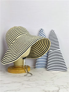Foldable Sun Protection Hat Large Brim Fishing Cap Spring Summer Outing Straw Hat Checks And Stripes round Top Polyester Material