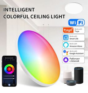 Tuya ไฟติดเพดานไวไฟ LED อัจฉริยะไฟ RGB หรี่ได้เพดานโคมไฟแวดล้อมทำงานร่วมกับ Alexa Google Home สำหรับห้องนั่งเล่นตกแต่งบ้านห้องนอน