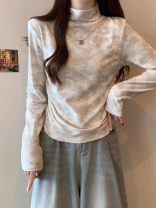 เสื้อยืดคอปกสูงแบบสวมหัวผ้าขนแกะผสมโพลีเอสเตอร์สำหรับผู้หญิงในฤดูใบไม้ร่วงและฤดูหนาว ทรงสลิมฟิต แขนยาว ปกติ