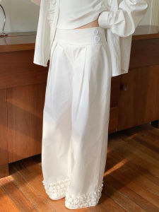 SOOMIE Original Japanese Style Double Layer Ruffle Wide Leg Casual Pants Floor Length Lazy Shapeless White Cotton Ladies Trousers