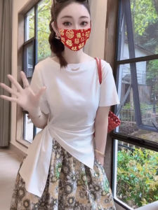 BINKAFENNY | White Asymmetrical Slit Waist-Cinching Short Sleeve T-Shirt Womens Summer New Design Beautiful Top Korean Style Commute Fashion