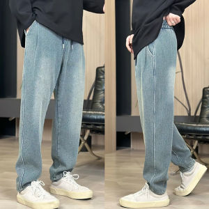 กางเกงยีนส์ขากว้างสไตล์ย้อนยุคฤดูใบไม้ผลิและฤดูใบไม้ร่วงสำหรับผู้ชาย กางเกงขายาวทรงตรงยืดหยุ่นสบายๆ สไตล์ญี่ปุ่นย้อนยุค