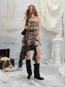 Unifree | Wasteland Style Irregular Plaid and Color Block Strap Dress