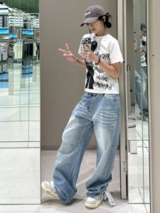 High Waist Wide Leg Jeans Womens Loose Straight Cut Old Style Washed Blue Denim Trousers Long Folded Cuffed Slimming Pants