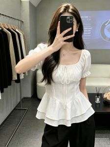 SHUAIYUE | Áo Blouse Ôm Eo Voan Tay Bồng Cổ Vuông