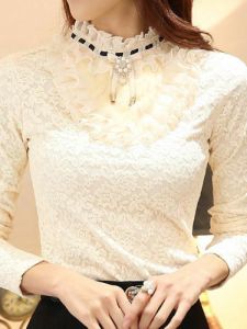 Áo Thun Dài Tay Ren Dày Thời Trang Mùa Đông Cổ Cao Ôm Vừa Vặn Thời Trang Thường Ngày Áo Thun Ren Lót Lụa Dài Tay Áo Thun Ren