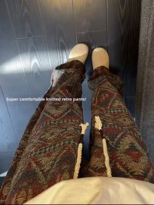 OUMULONG | Ethnic Floral Knit Autumn Winter Pants