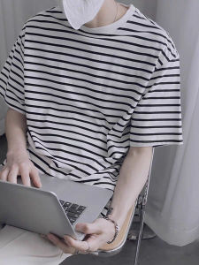 Harajuku Style Mens T-Shirt Striped Nautical Short Sleeve Half Sleeve Loose Fit Casual Versatile round Neck Ice Silk T-Shirt