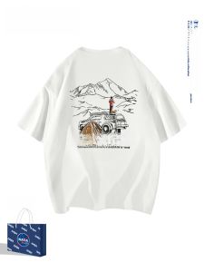 NASA White Cotton T-Shirt Mens Short Sleeve round Neck Casual Summer Breathable Lightweight Printed Tee for Youth And Couples