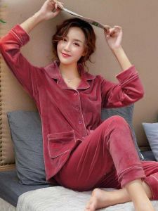 Womens Fleece Lined Thickened Sleepwear Set Luxury Home Clothes Outwear Suitable for Autumn Winter Long Sleeve Shirt Style