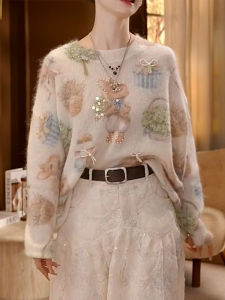 QINGNAER | Autumn 2025 New Large Size Sweet Lazy Style Rabbit Print Beaded Soft Knit Sweater