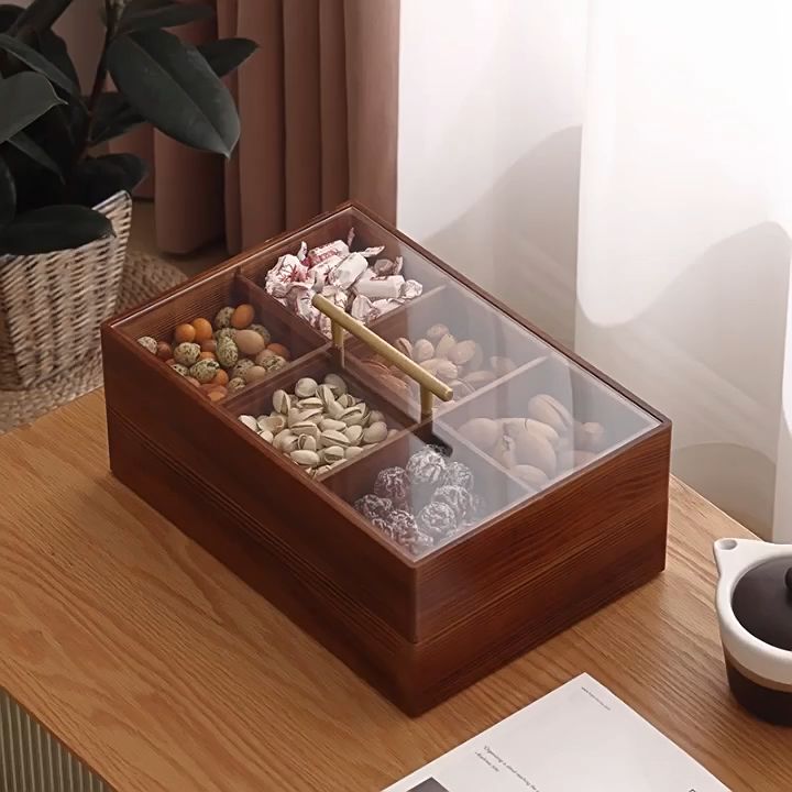 Khay mứt tết gỗ cao cấp, Khay đựng mứt tết, các loại hạt 6 ngăn có nắp ...
