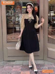 Đầm thiết kế BEMINE cổ V phối ren thêu hoa tay lửng dáng chữ A phù hợp đi làm đi chơI-MT10133