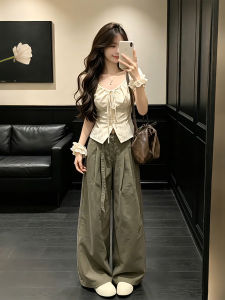 XUECAIQI | Korean Style Design Sense Bubble Sleeve Shirt Wide Leg Trousers Two-Piece Set