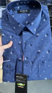 OWEN SALE - Áo Sơ Mi Owen Tay Dài Màu Xanh Demi  Họa Tiết Hoa Văn Form Slim Fit Lai Bầu Chính Hãng