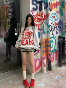 Áo Hoodie Phong Cách Đường Phố Mỹ Dành Cho Nữ Mùa Thu in Chữ Tay Lửng Dáng Rộng Màu Vàng Dopaamine Áo Khoác Ngoài Thường Ngày