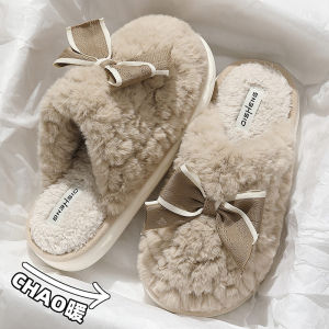 รองเท้าแตะผ้าฝ้ายผูกโบว์ลายผีเสื้อสำหรับผู้หญิงในบ้านฤดูใบไม้ร่วง/ฤดูหนาว รองเท้าแตะแบบหนาป้องกันการลื่น พื้นรองเท้า PVC นุ่มสบาย