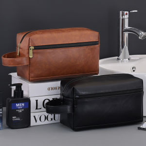 Men Leather Travel Business Shaving Cosmetic Bag Strorage Portable Toiletry Bag Large Capacity Organizer Handheld Wash Bag