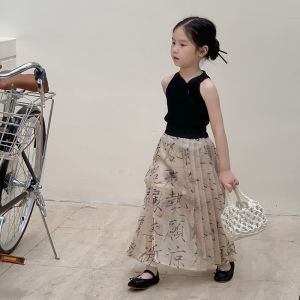 Girls Summer New Chinese Style National Trend Dress Childrens Clothing Renovated Hanfu Cheongsam Skirt Net Fabric Daily Use