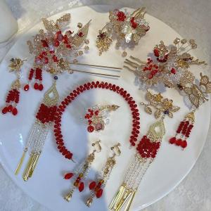 เครื่องประดับผมสไตล์จีนโบราณสำหรับเจ้าสาว ชุดคริสตัลแดง เครื่องประดับผมแบบเรียบง่ายหรูหรา ชุดชุดเช้า วัยรุ่น ชุดแต่งงาน