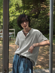 DAVID&ME | Waffle Texture Henley Collar Short Sleeve T-shirt