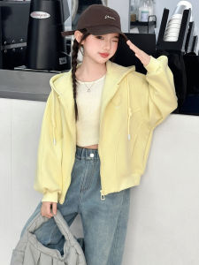 Spring Autumn Hooded Long Sleeve Girls Jacket Love Heart Pattern Korean Style Zipper Closure Cotton Blend Child Coat