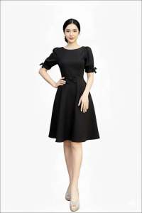 เดรสสีดำใส่ทำงาน  ผ้าฮานาโกะ คอกลม เเขนสั้น  กระโปรงทรงเอ ซิปซ่อน เดรสผู้หญิงสีดำ  ชุดเดรสสีดำสุภาพ เดรสดำ