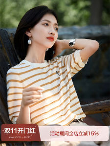 French Vintage Striped Short Sleeve Knitted Sweater Silk Cotton Lyocell Material Ultra-Short Style round Neck Open Front Design