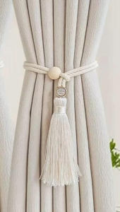 2Pcs Wooden Bead Curtain Tieback Handmade Tassel Rope Holder for Drapes Living Room Bedroom